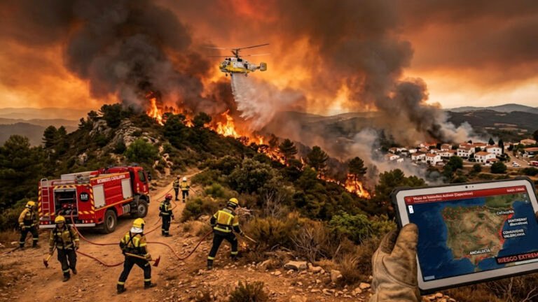 Incendios forestales en España: dónde están activos y cómo seguirlos en tiempo real 1 Mapa digital interactivo de incendios forestales en España con bomberos combatiendo el fuego y un helicóptero de extinción en acción