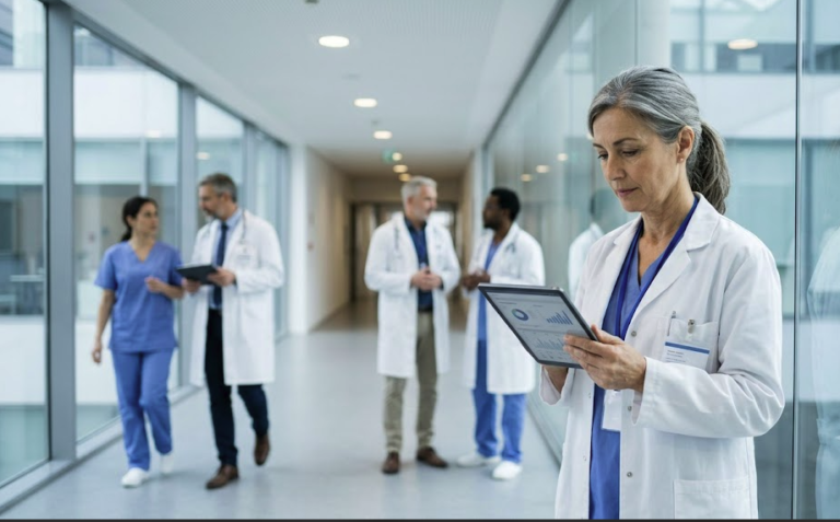 Médicos especialistas revisando información médica en un hospital moderno para un reportaje sobre comunidades profesionales de investigación clínica.
