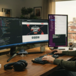 Desarrollador trabajando en remoto desde casa ante dos monitores con código, ilustrando la oferta de teletrabajo