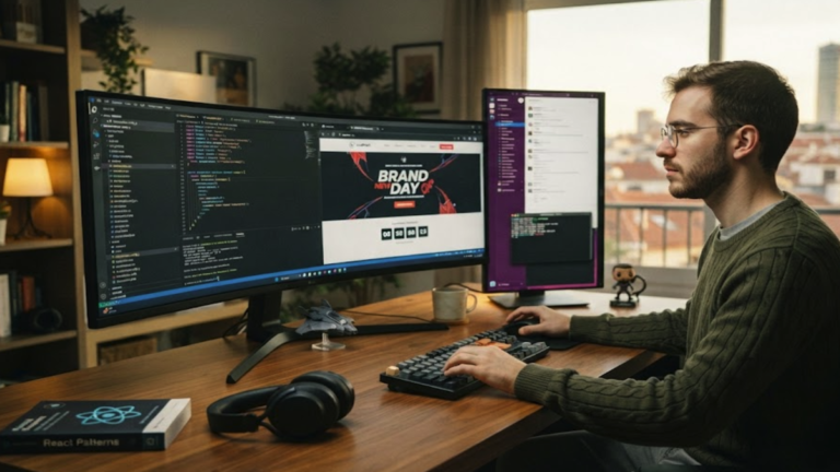 Desarrollador trabajando en remoto desde casa ante dos monitores con código, ilustrando la oferta de teletrabajo