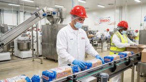 Operarios de producción en Bimbo trabajando en la línea de envasado de pan en la fábrica.