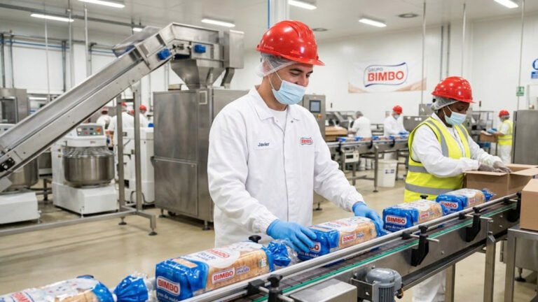 Conoce el nuevo empleo en Bimbo en Guadalajara 7 Operarios de producción en Bimbo trabajando en la línea de envasado de pan en la fábrica.
