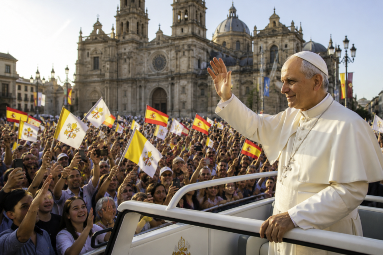 El papa León XIV saluda a miles de fieles durante su visita oficial a España en una imagen representativa del viaje apostólico.
