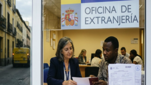 Una funcionaria de la oficina de extranjería en España revisa los documentos de solicitud de residencia por arraigo junto a un ciudadano extranjero.