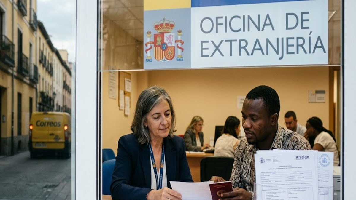 Una funcionaria de la oficina de extranjería en España revisa los documentos de solicitud de residencia por arraigo junto a un ciudadano extranjero.