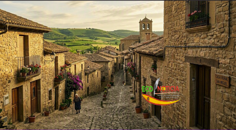 10 zonas de España con baja población que ofrecen oportunidades para vivir e invertir 1 Ilustración conceptual de un pueblo tradicional en las zonas de España con baja población con conectividad digital.