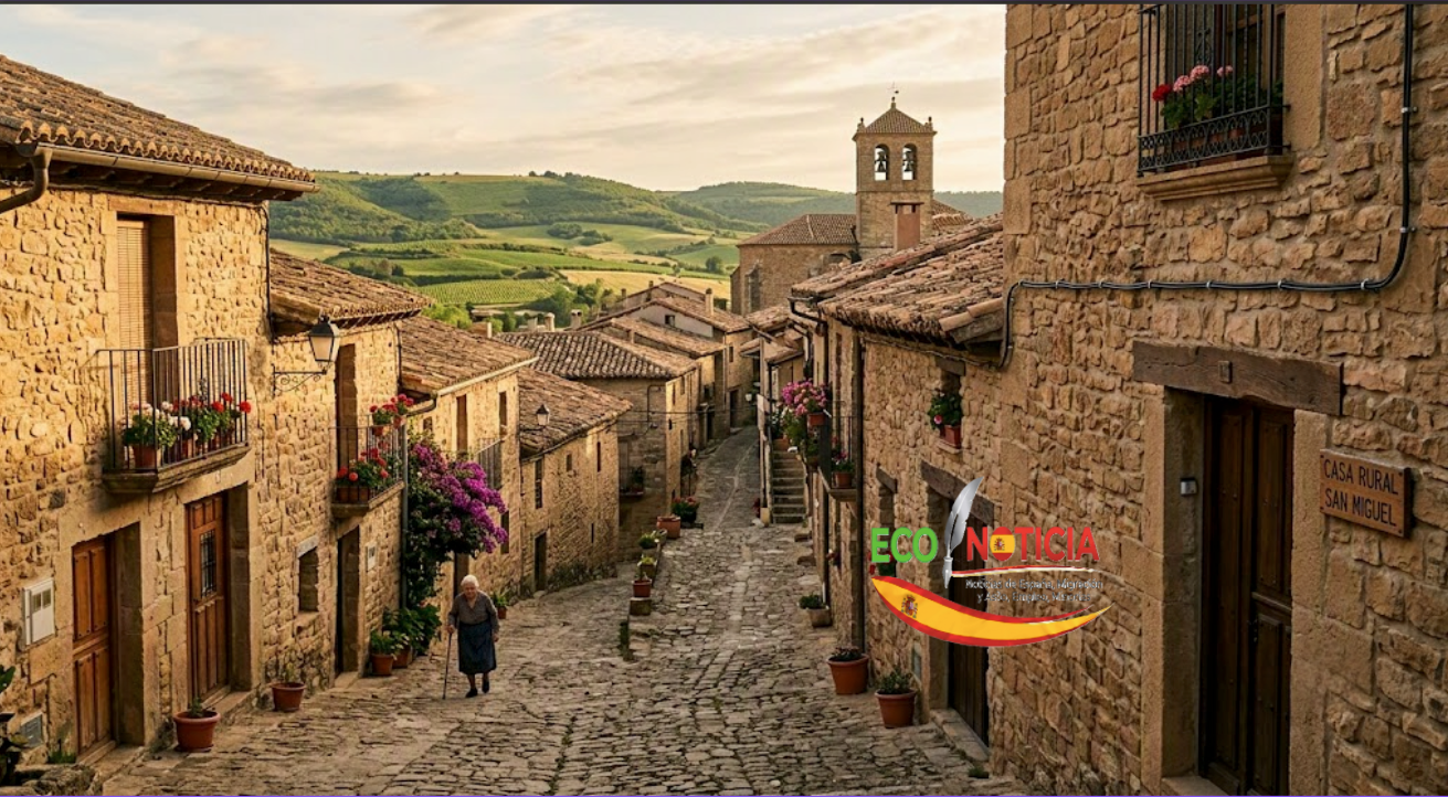 10 zonas de España con baja población que ofrecen oportunidades para vivir e invertir 1 Ilustración conceptual de un pueblo tradicional en las zonas de España con baja población con conectividad digital.