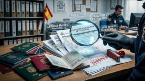 Un agente de policía de JUPOL revisa con una lupa expedientes y pasaportes bajo sospecha en el proceso de regularización de inmigrantes en España.