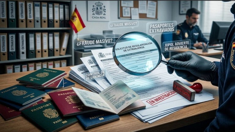 Sospechas de fraude en regularización de inmigrantes en España 1 Un agente de policía de JUPOL revisa con una lupa expedientes y pasaportes bajo sospecha en el proceso de regularización de inmigrantes en España.