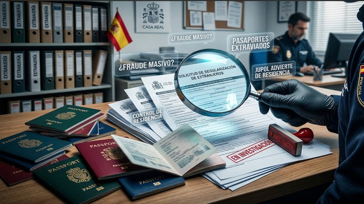 Un agente de policía de JUPOL revisa con una lupa expedientes y pasaportes bajo sospecha en el proceso de regularización de inmigrantes en España.