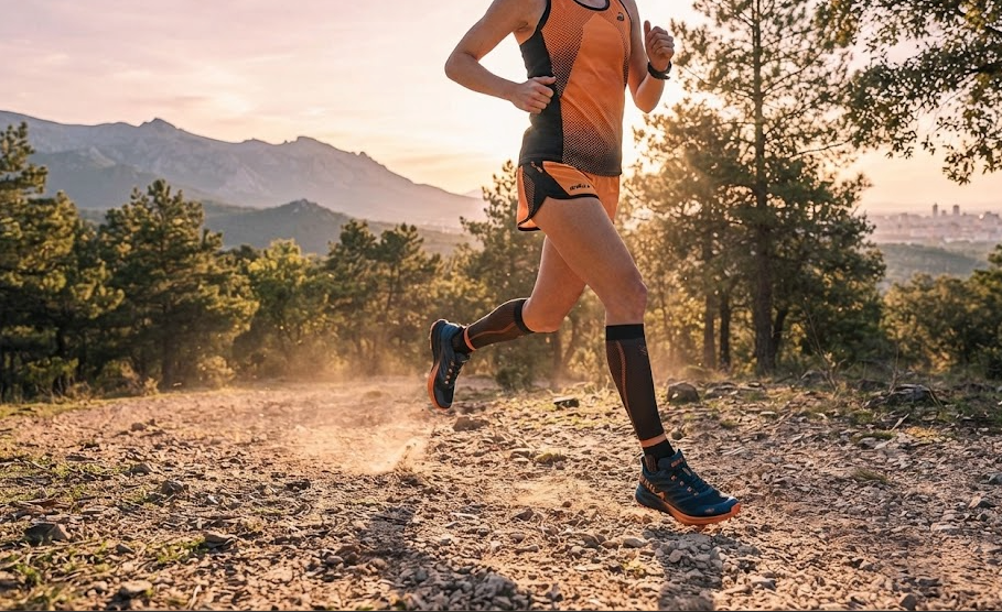 Corredora profesional usando zapatillas de running Bikila en un sendero de montaña al atardecer.