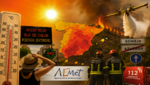 Agencia Estatal de Meteorología (AEMET) alerta por la segunda ola de calor en España con temperaturas de hasta 44 grados y riesgo de incendios forestales.