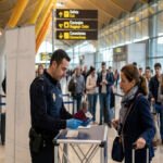 Policía española comprueba los documentos de un viajero procedente de Italia