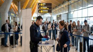 Policía española comprueba los documentos de un viajero procedente de Italia