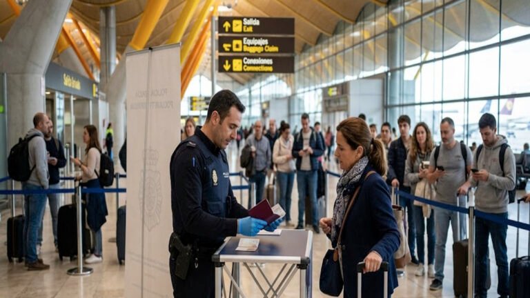 Policía española comprueba los documentos de un viajero procedente de Italia