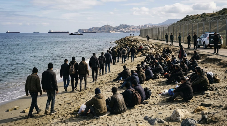 Migrantes en una playa de Ceuta durante la crisis migratoria