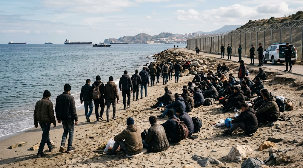 Migrantes en una playa de Ceuta durante la crisis migratoria
