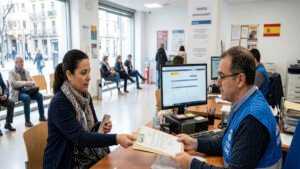 Persona realizando el trámite de empadronamiento en España en una oficina municipal