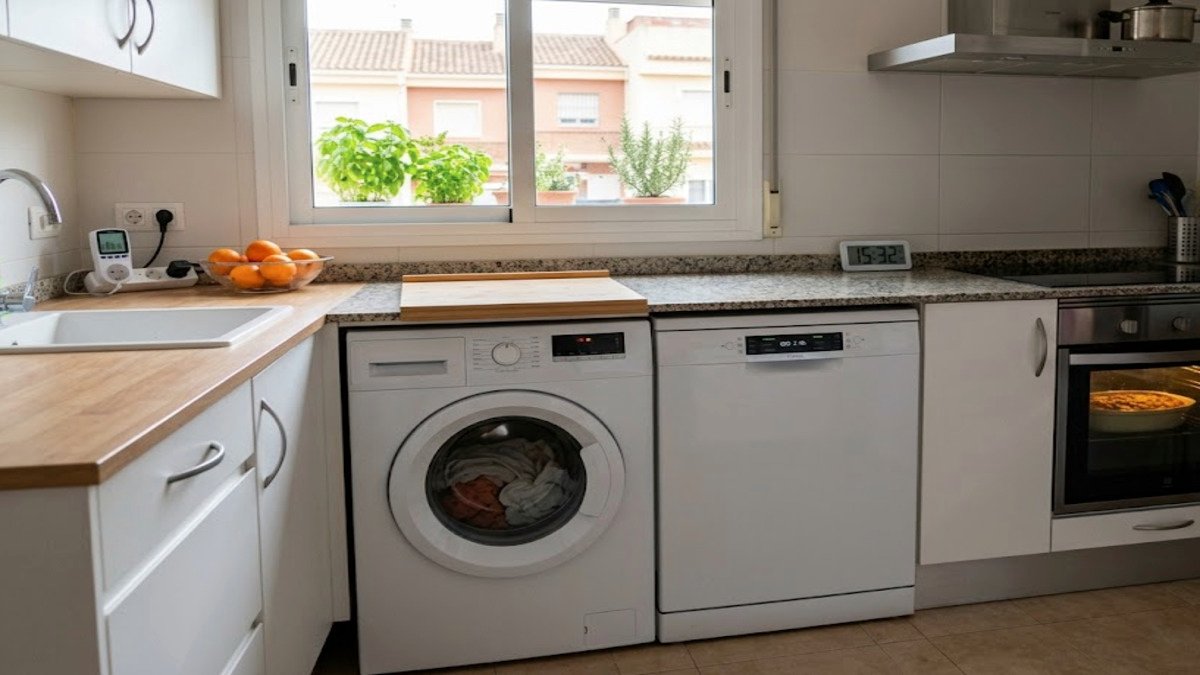 Lavadora, lavavajillas y horno en una cocina durante las horas más baratas de consumo eléctrico