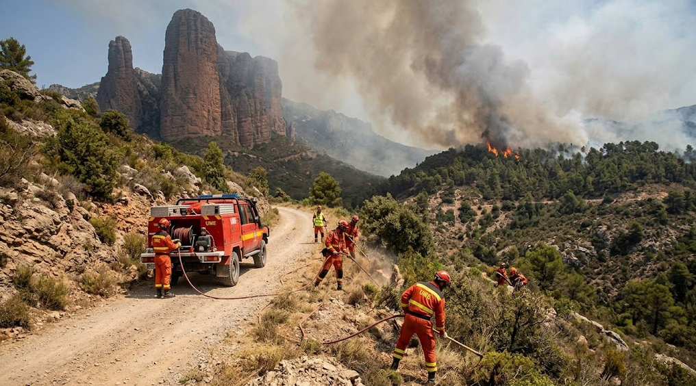 Equipos de emergencia combaten el incendio de Las Peñas de Riglos en Huesca