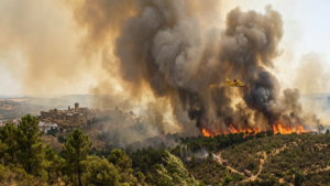 Incendio forestal en Niebla, Huelva, con humo provocado por el viento