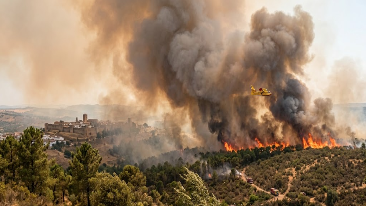Incendio en Huelva: el viento complica el avance de las labores de extinción. 1 Incendio forestal en Niebla, Huelva, con humo provocado por el viento