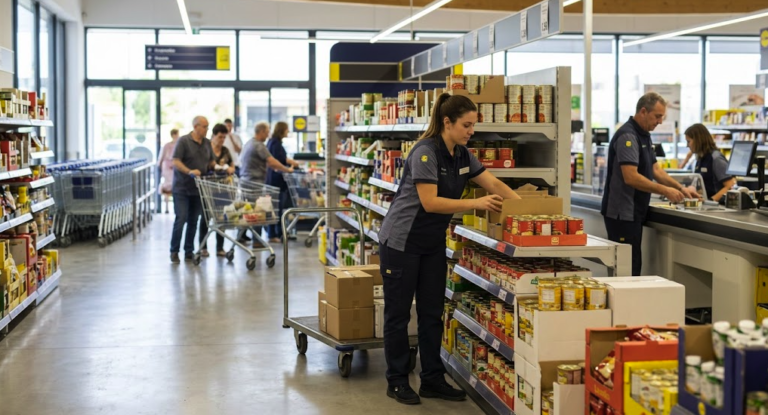 Trabajador de Lidl colocando productos en un supermercado