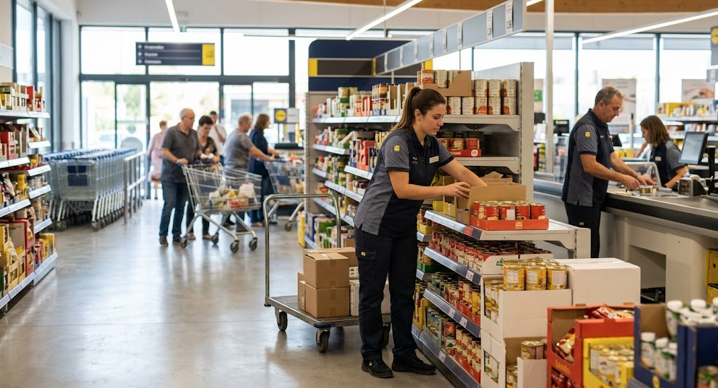 Trabajador de Lidl colocando productos en un supermercado
