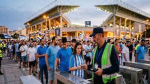 Vigilante de seguridad en el acceso a un estadio de fútbol en Málaga