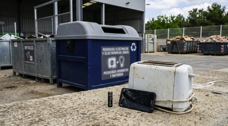 Batería vieja, móvil roto y pequeño electrodoméstico para reciclar.
