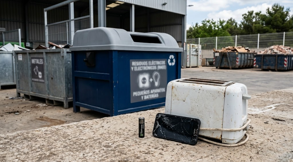 Batería vieja, móvil roto y pequeño electrodoméstico para reciclar.