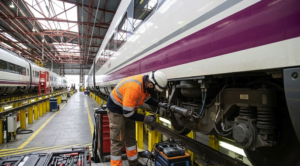 Trabajador de Renfe realizando tareas de mantenimiento en un tren