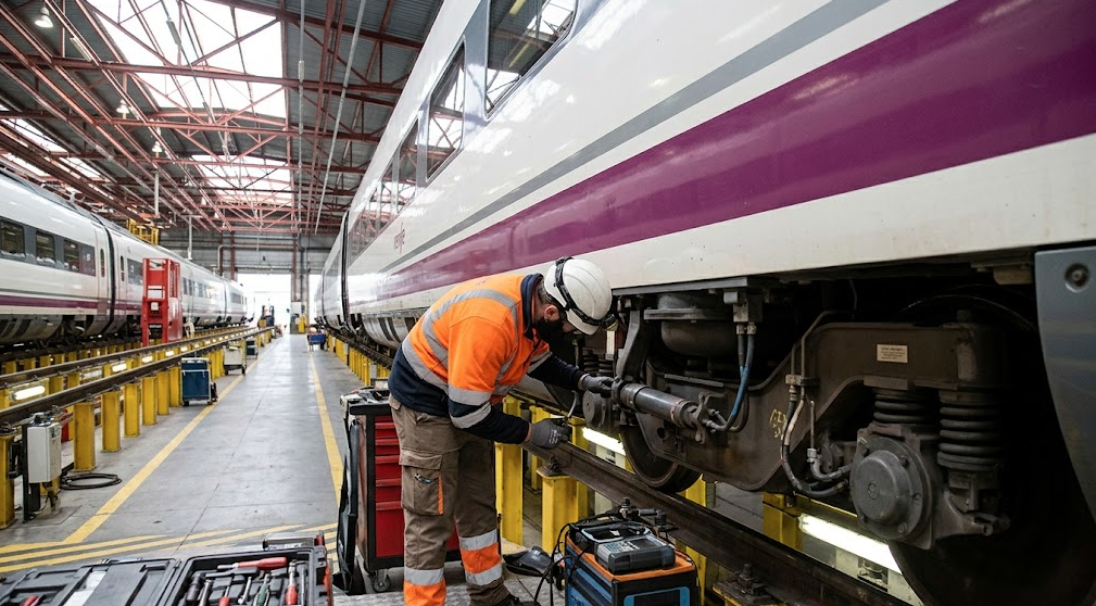 Trabajador de Renfe realizando tareas de mantenimiento en un tren