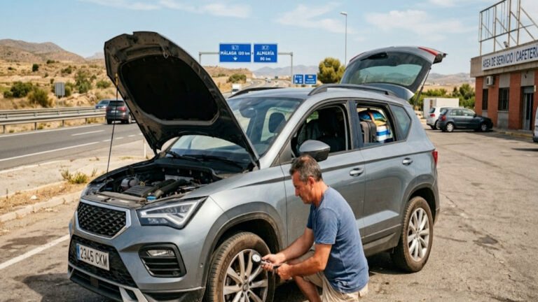 Conductor revisa los neumáticos del coche antes de viajar por carretera en España