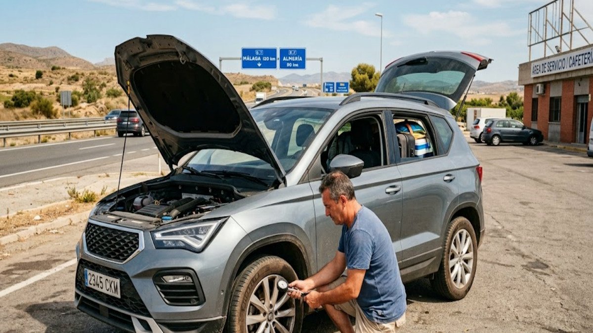 Qué revisar en el coche antes de viajar por carretera en España. 1 Conductor revisa los neumáticos del coche antes de viajar por carretera en España