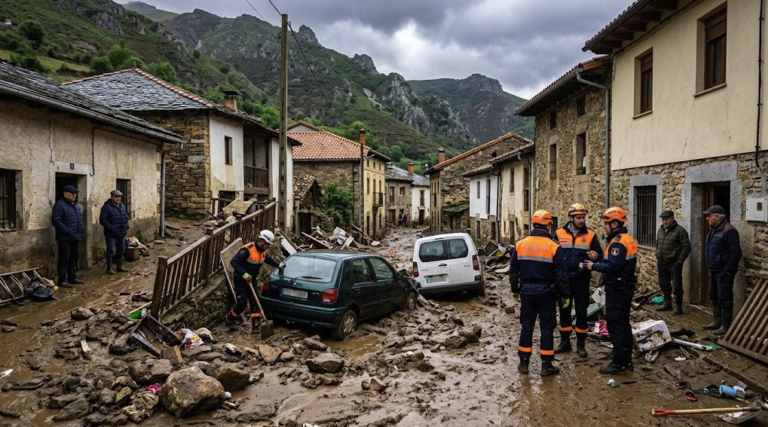 Riada y desprendimiento de tierra en Manzanedo de Valdueza, León