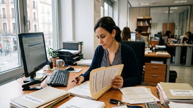 Administrativo revisando documentos relacionados con solicitudes de becas