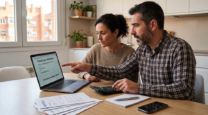 Couple reviewing mortgage documents and calculating a home loan in Spain in 2026