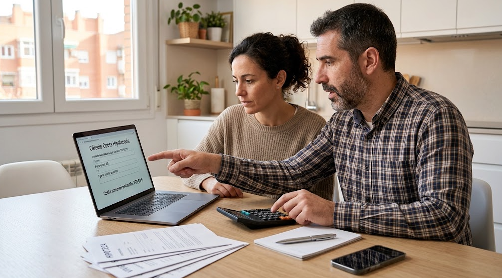Couple reviewing mortgage documents and calculating a home loan in Spain in 2026