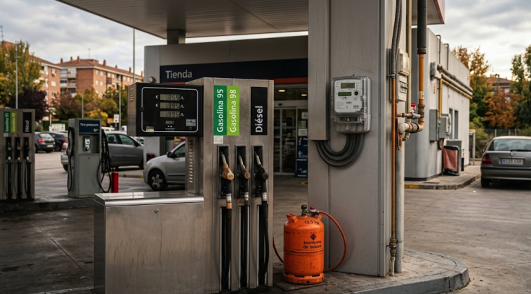 Estación de servicio, bombona de butano y contador eléctrico en España ante los cambios energéticos de octubre de 2026.