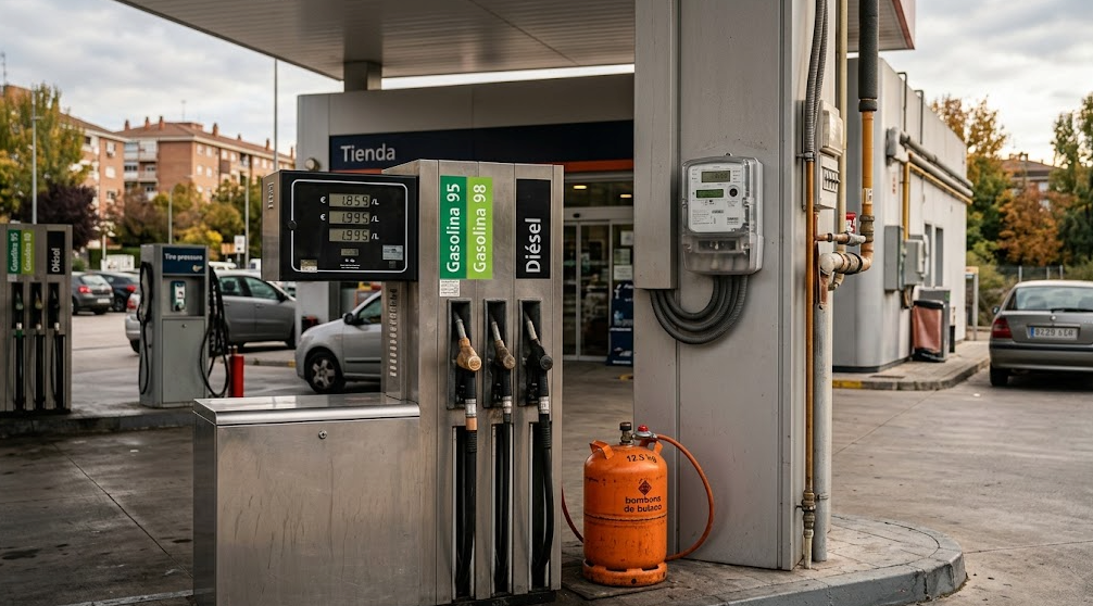 Estación de servicio, bombona de butano y contador eléctrico en España ante los cambios energéticos de octubre de 2026.