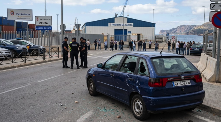 Vehículo de la diputada de Ceuta dañado tras el ataque en el puerto