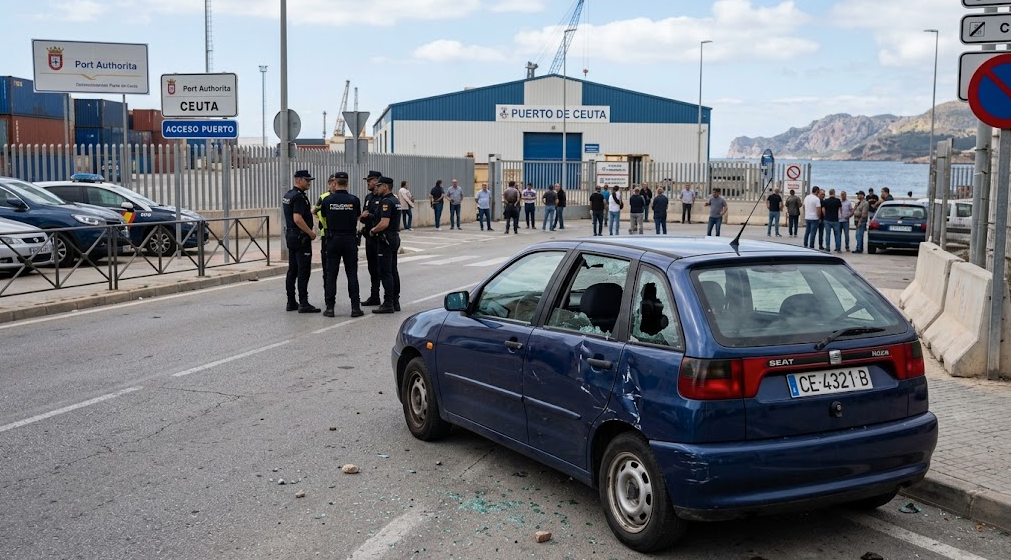 Vehículo de la diputada de Ceuta dañado tras el ataque en el puerto