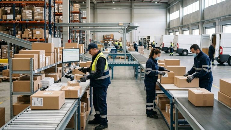 Trabajadores clasificando paquetes en un centro logístico de Correos Express