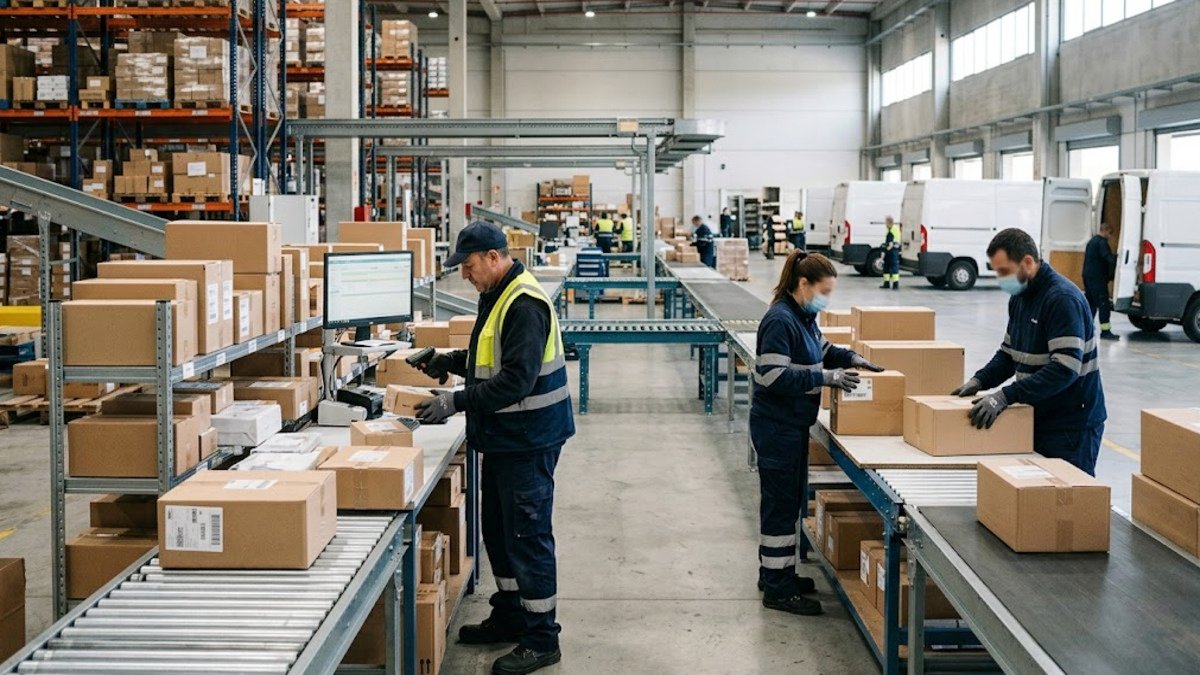 Trabajadores clasificando paquetes en un centro logístico de Correos Express