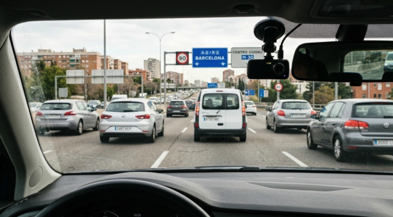 Dash cam instalada en un coche durante la circulación por una carretera española