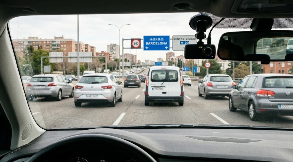 Dash cam instalada en un coche durante la circulación por una carretera española