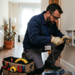 Instalador de fibra óptica trabajando en un domicilio