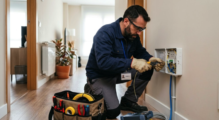Instalador de fibra óptica trabajando en un domicilio