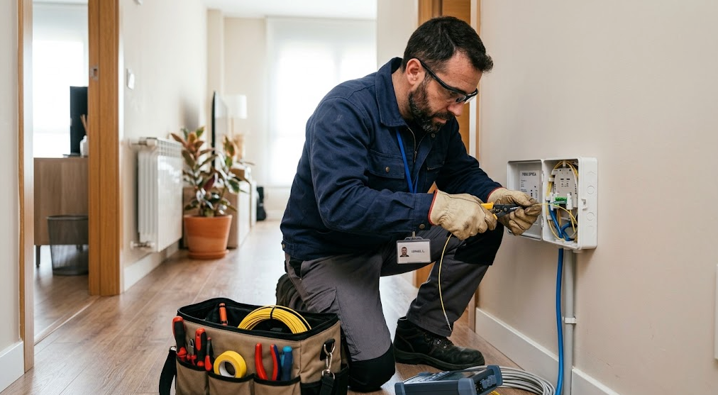 Instalador de fibra óptica trabajando en un domicilio